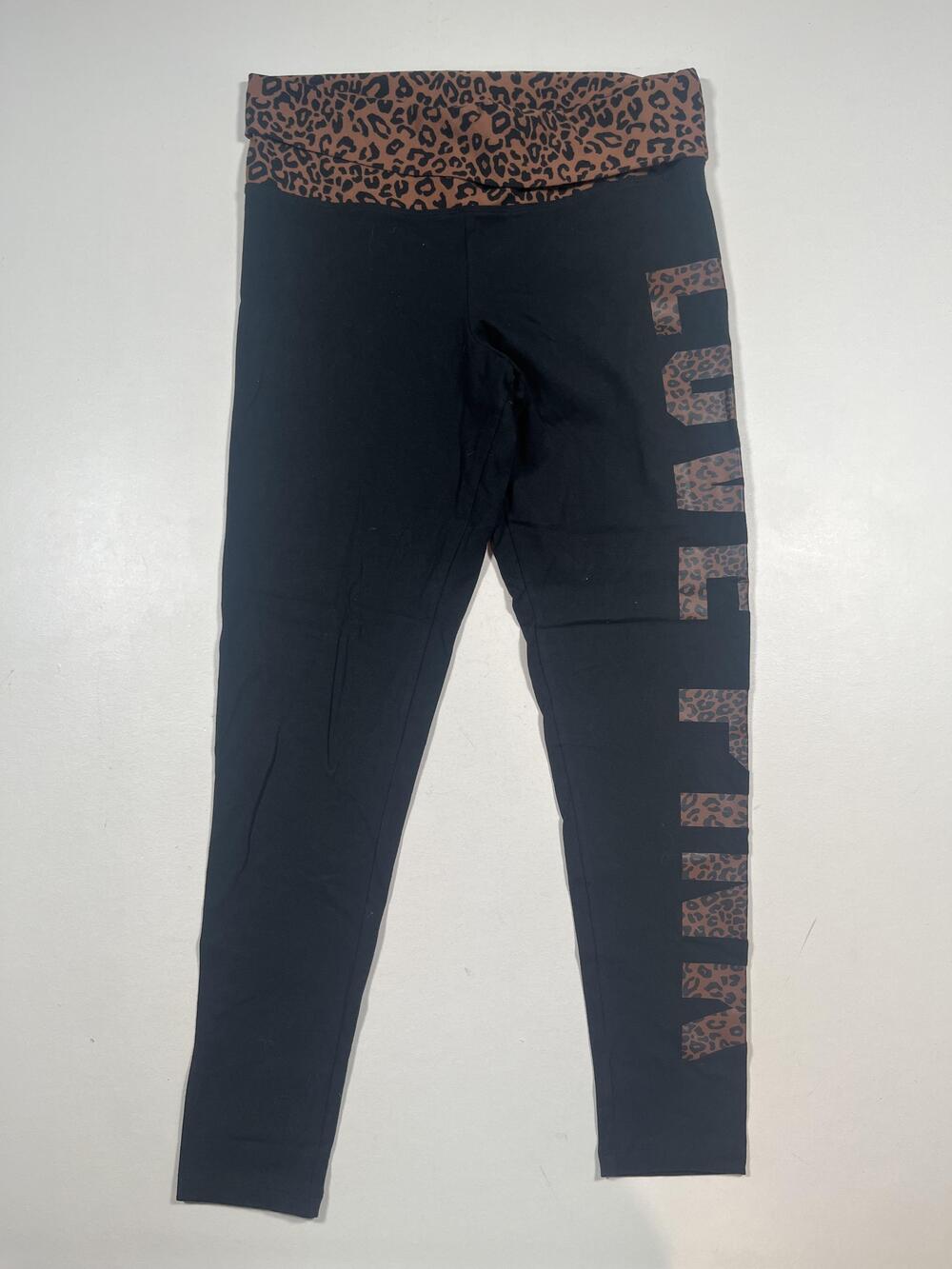 PINK Leggings Womens L Black Leopard Print Ankle Foldover Waist LOVE PINK Yoga